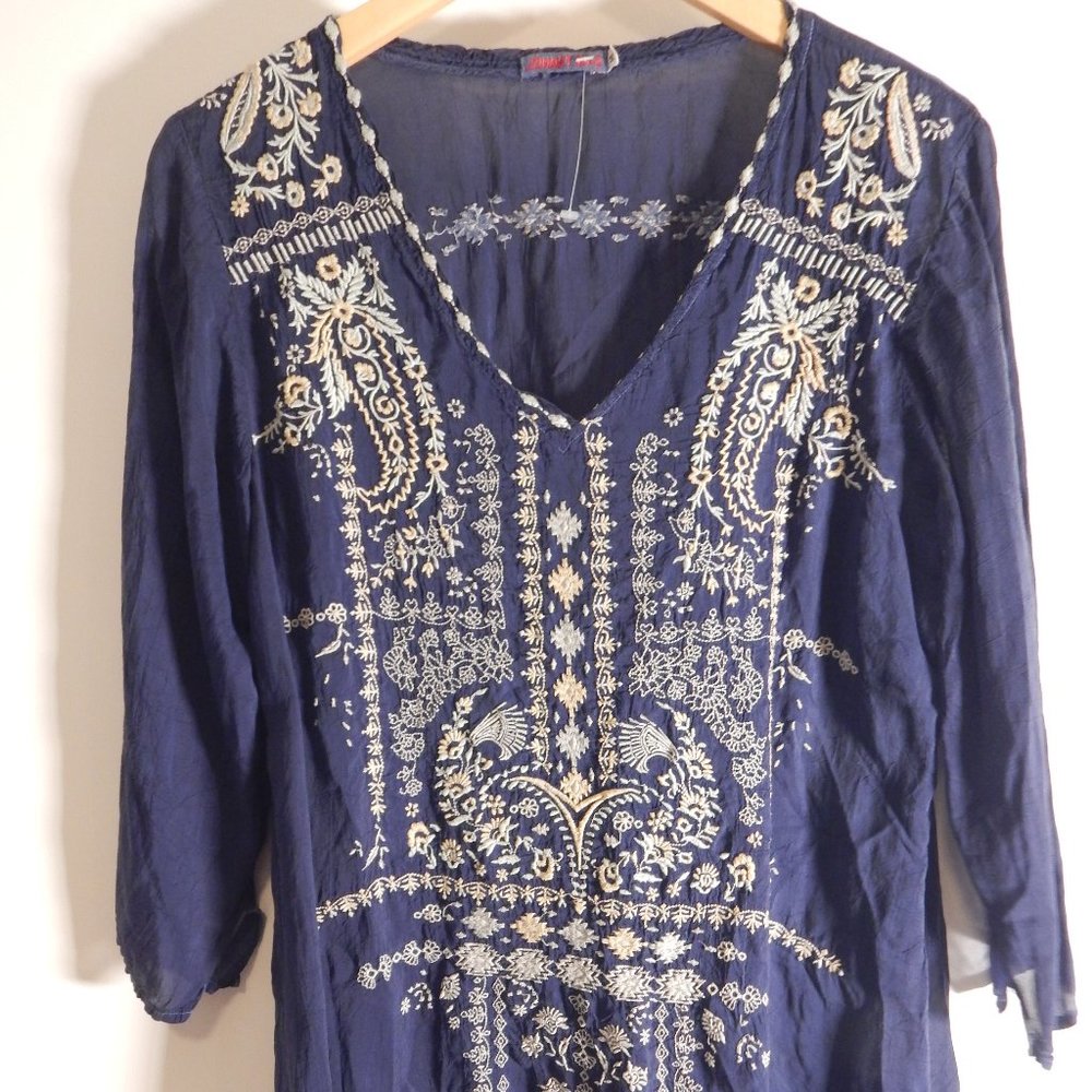 Johnny Was Paizyn 3/4-Sleeve Embroidered Blouse, Blue Night Sold Out - Picture 3 of 11